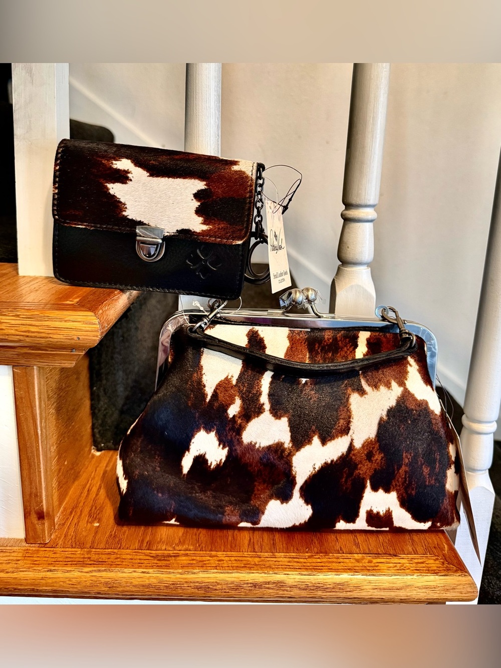 Patricia Nash real fur Cowhide Crossbody & Frame Satchel Set - Brown & White - Picture 12 of 12